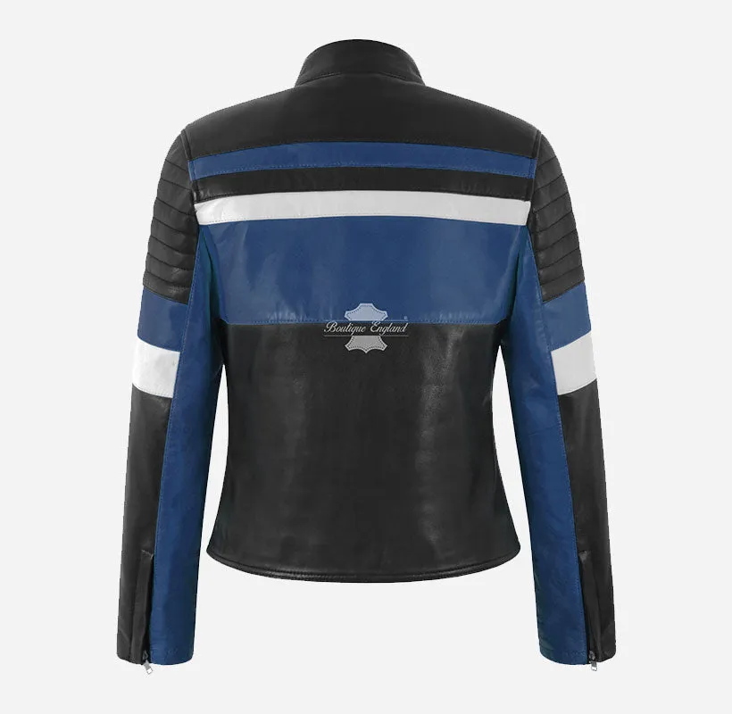 Veloce Leather Biker Jacket for Women Classic Racer Style Black Blue Jacket