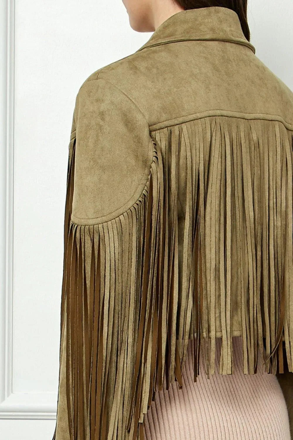 VEVERET Suede Fringe Long Sleeve Moto Jacket