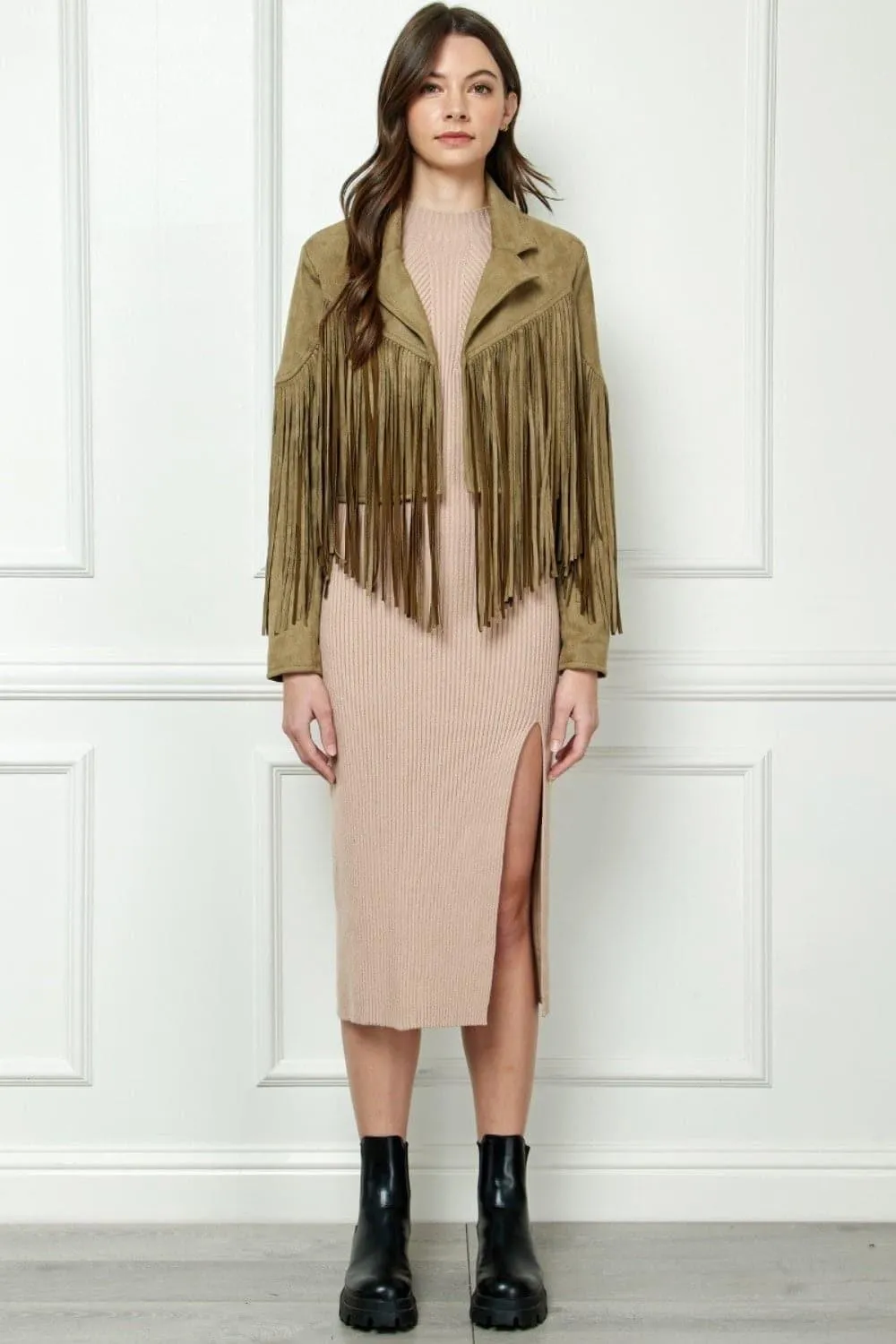 VEVERET Suede Fringe Long Sleeve Moto Jacket