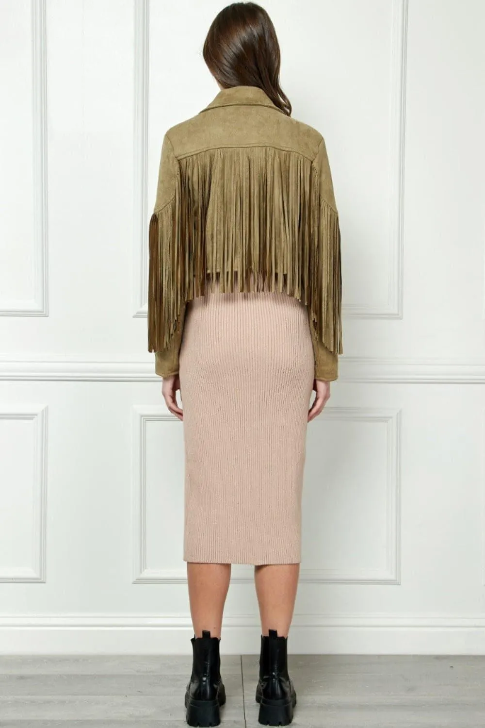 VEVERET Suede Fringe Long Sleeve Moto Jacket