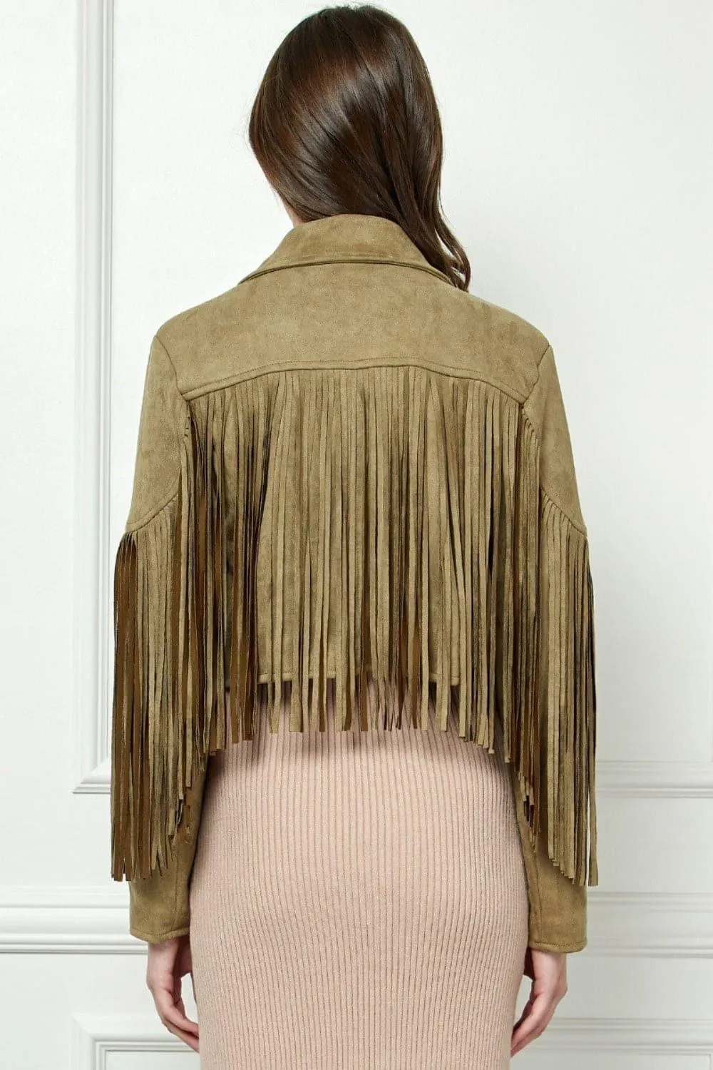 VEVERET Suede Fringe Long Sleeve Moto Jacket