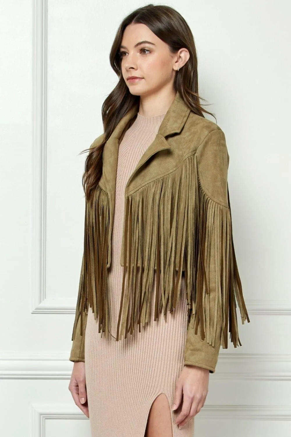 VEVERET Suede Fringe Long Sleeve Moto Jacket