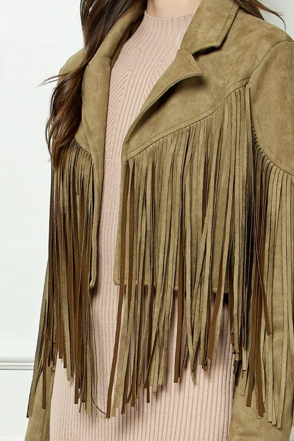 VEVERET Suede Fringe Long Sleeve Moto Jacket