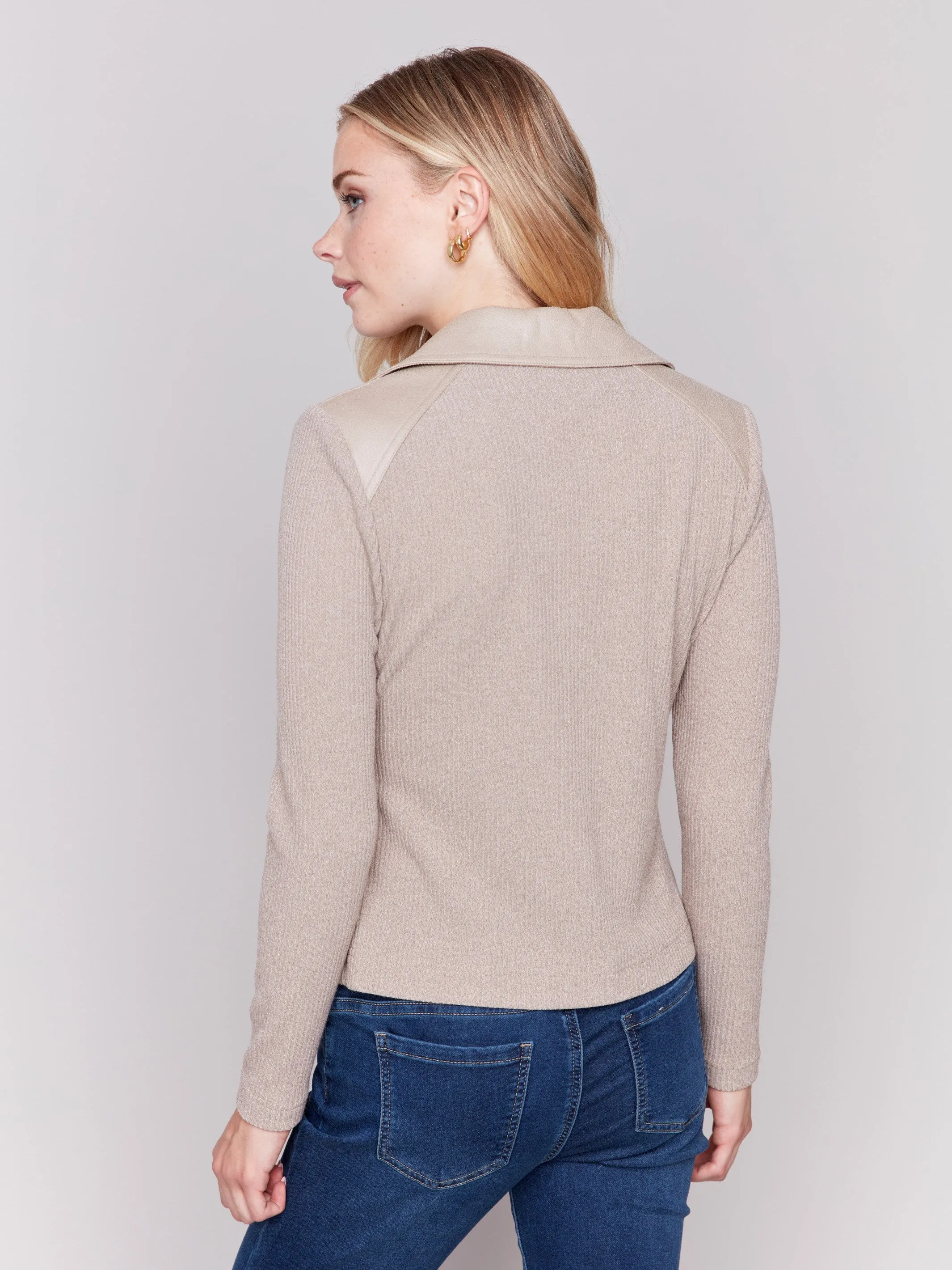 Vintage Faux Leather And Rib Knit Jacket - Almond