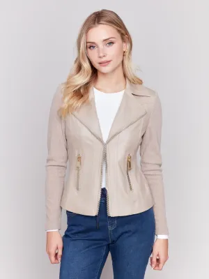 Vintage Faux Leather And Rib Knit Jacket - Almond