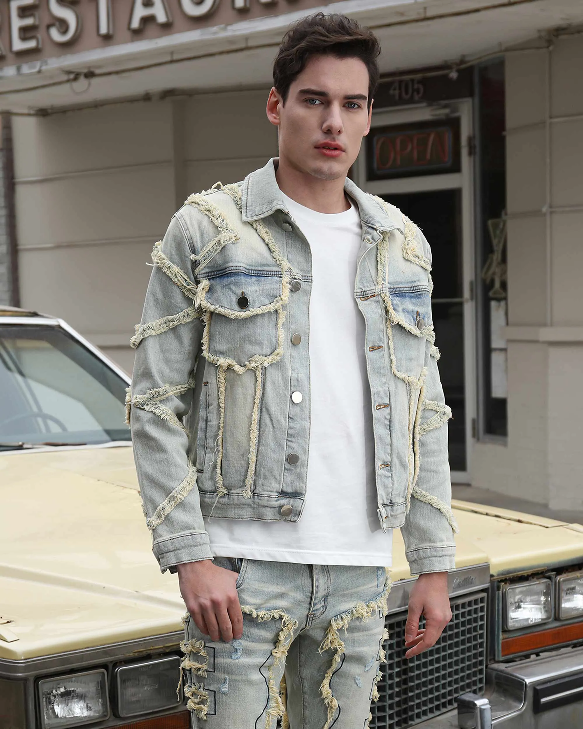 Vintage Fringe Stacked Blue Stacked Denim Jacket
