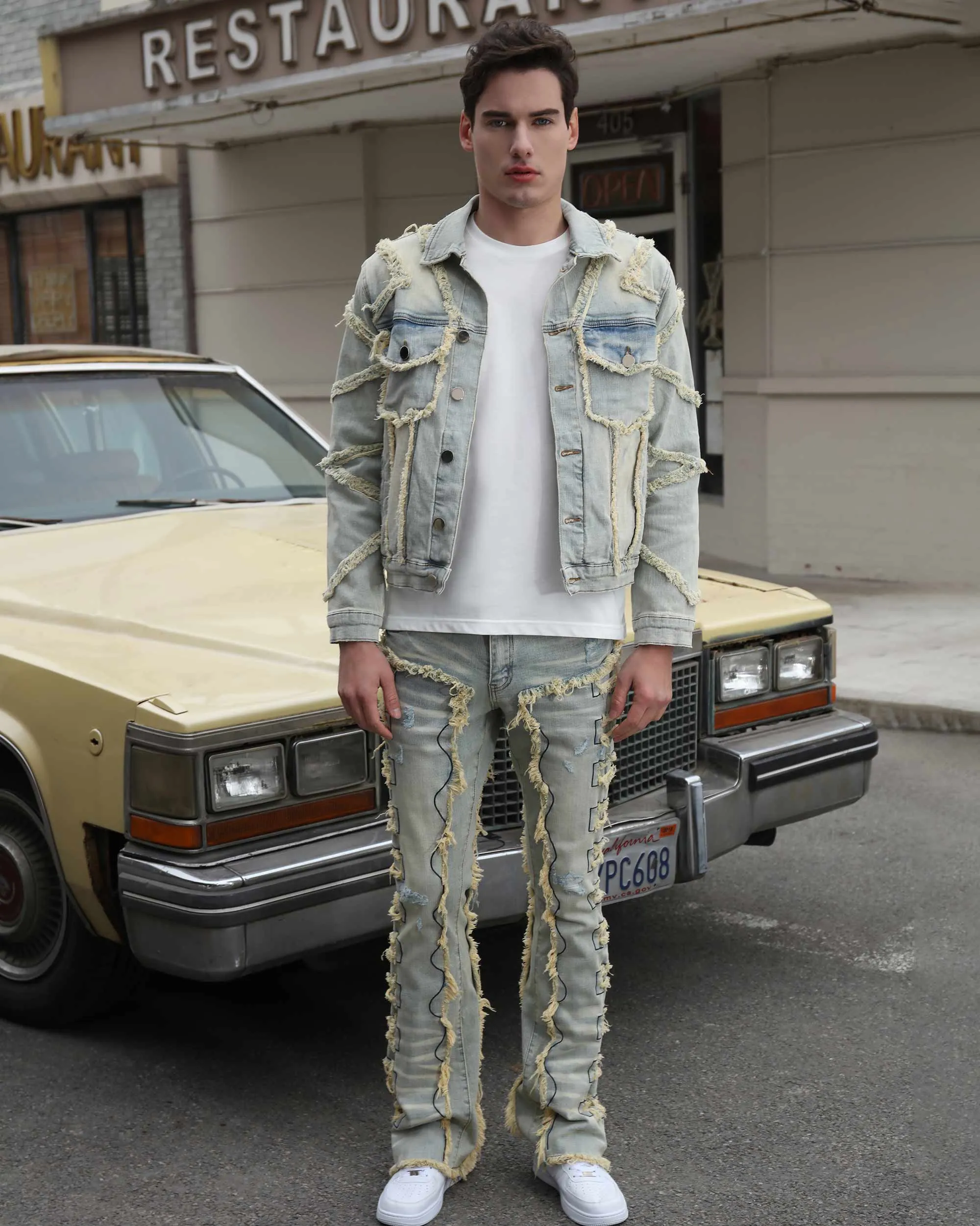 Vintage Fringe Stacked Blue Stacked Denim Jacket