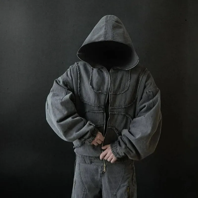 Washed Denim Jacket Y2K American Design Streetwear Gothic High Street Oversized