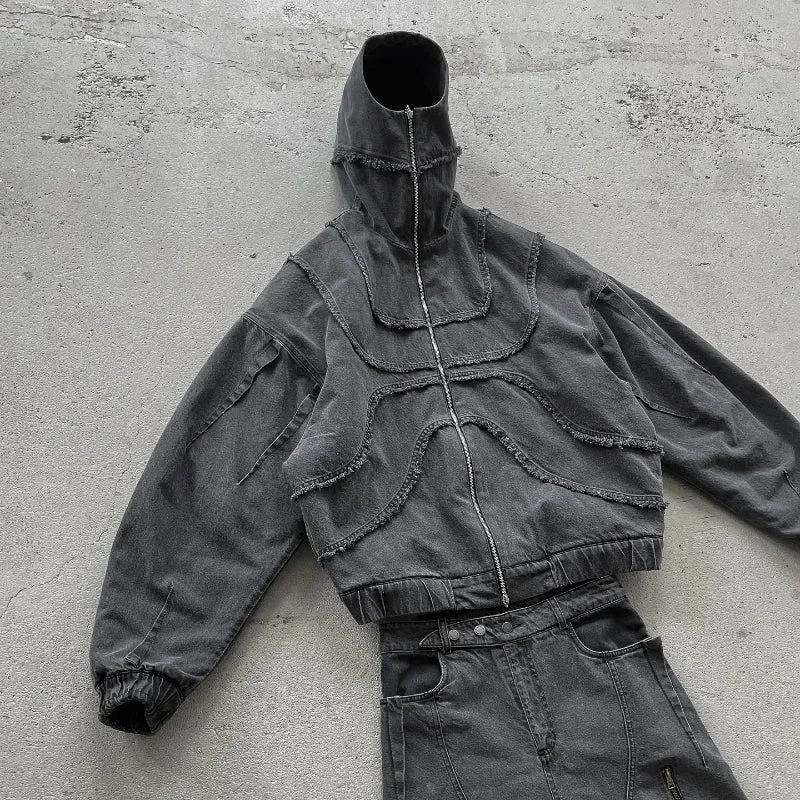 Washed Denim Jacket Y2K American Design Streetwear Gothic High Street Oversized