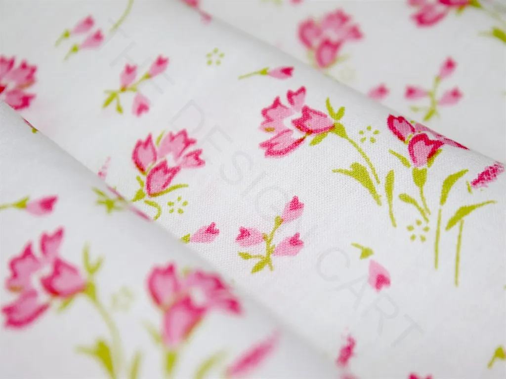 White Pink Green Flowers Pure Cotton Fabric