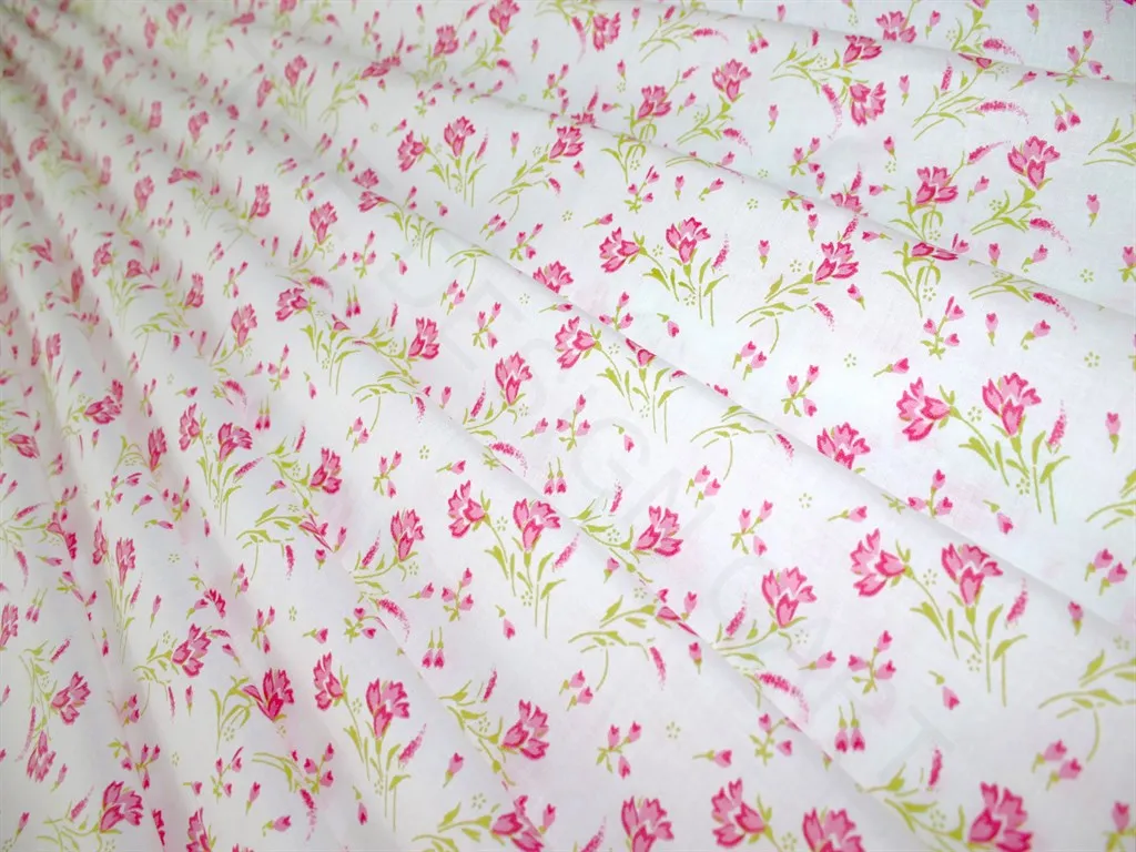 White Pink Green Flowers Pure Cotton Fabric