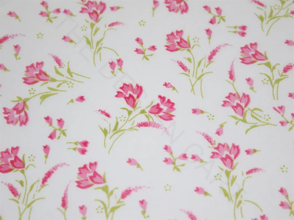 White Pink Green Flowers Pure Cotton Fabric