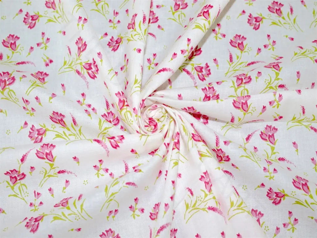 White Pink Green Flowers Pure Cotton Fabric