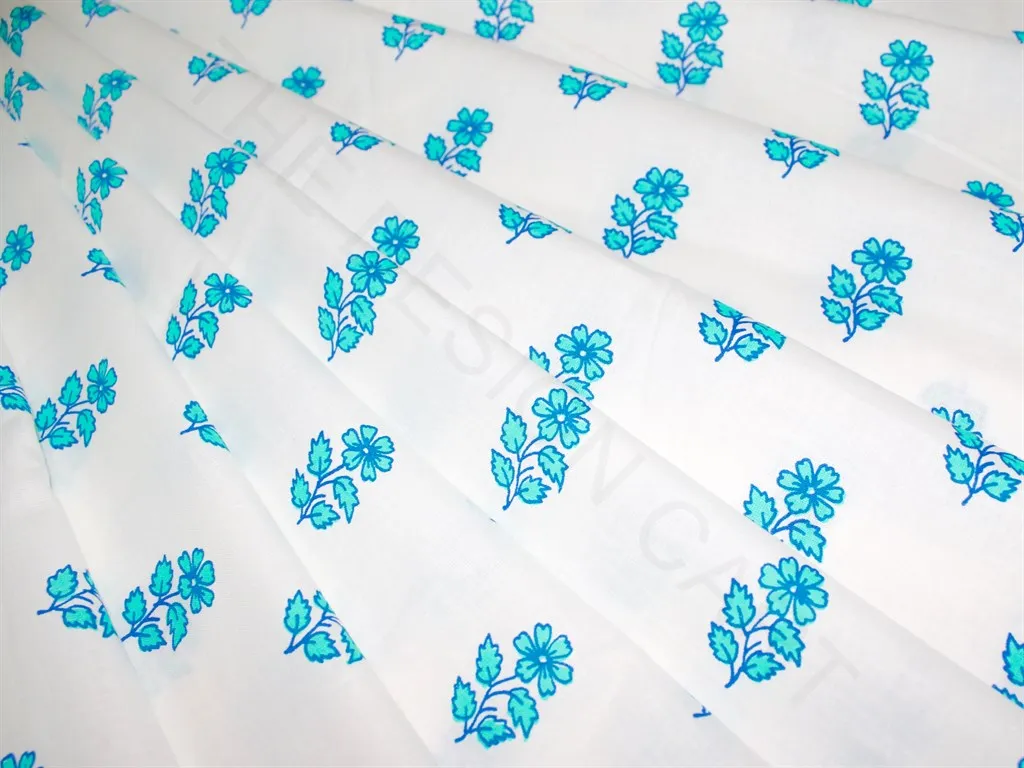 White Turquoise Blue Floral Motif Pure Cotton Fabric