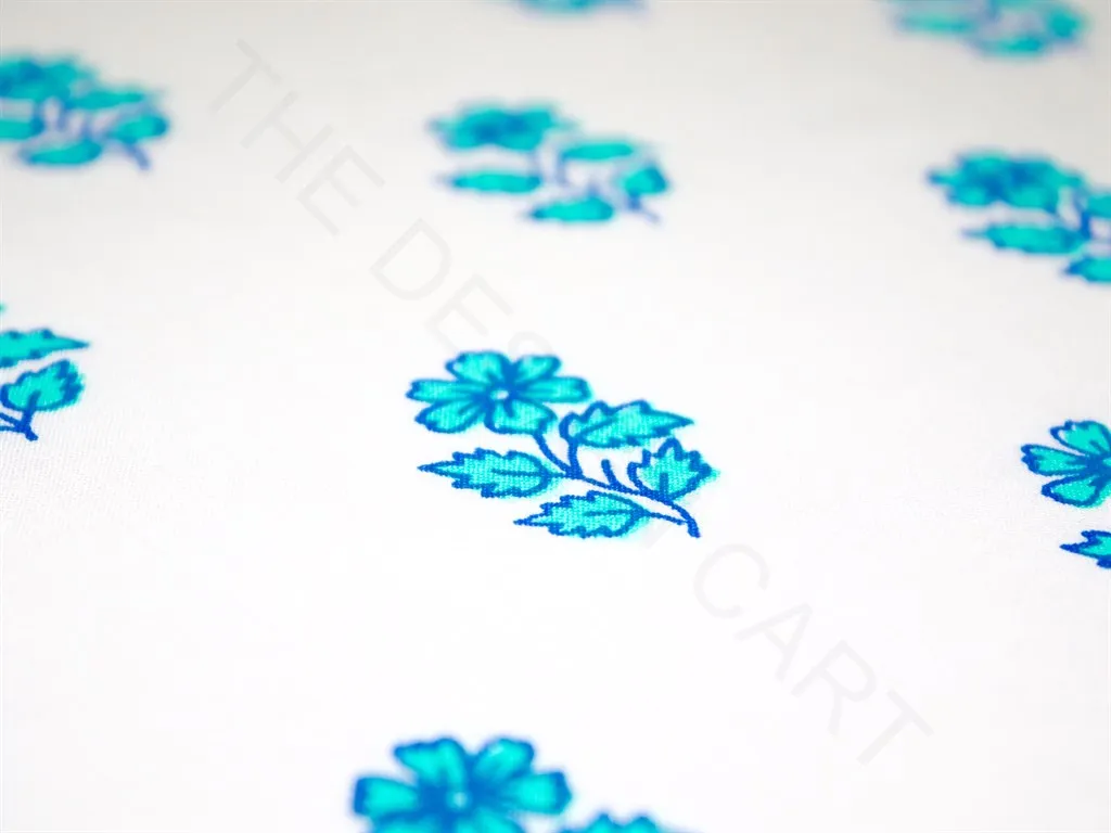 White Turquoise Blue Floral Motif Pure Cotton Fabric