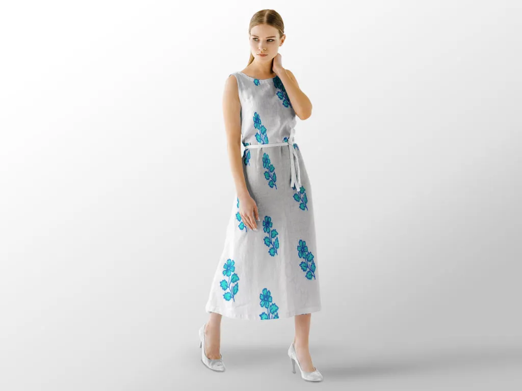 White Turquoise Blue Floral Motif Pure Cotton Fabric