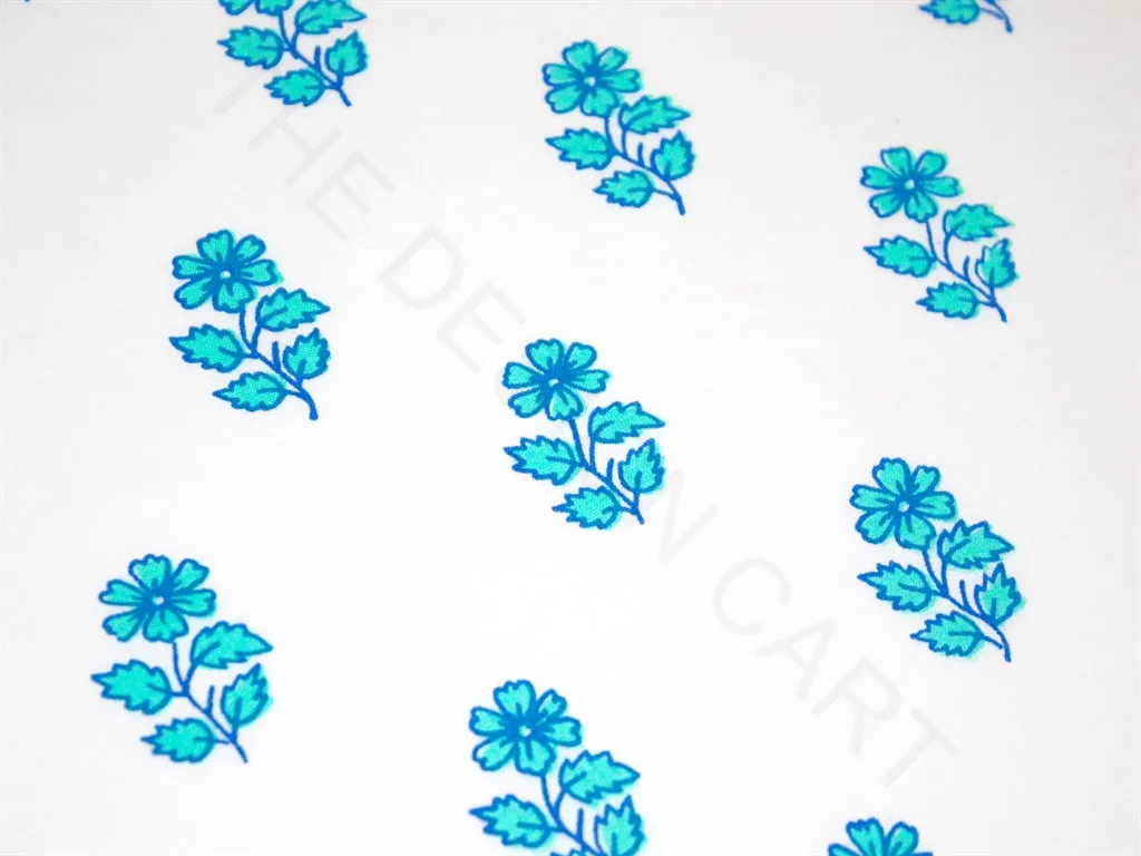 White Turquoise Blue Floral Motif Pure Cotton Fabric
