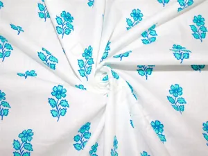 White Turquoise Blue Floral Motif Pure Cotton Fabric