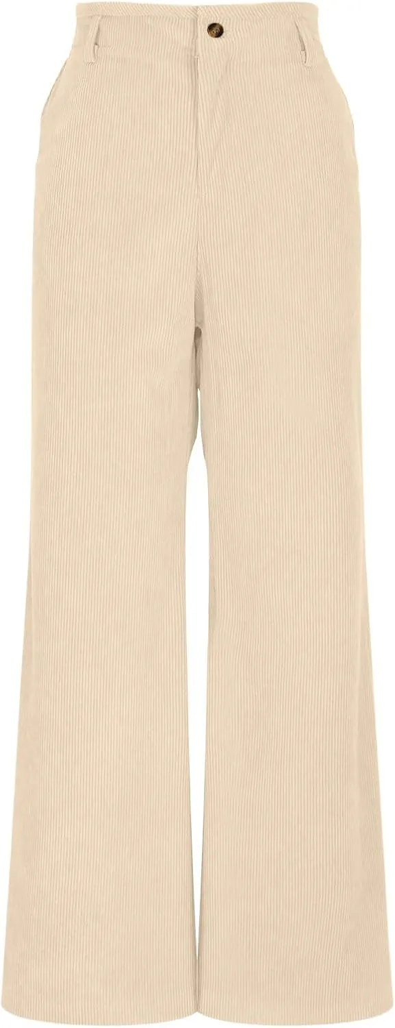 Women Fashion Button Elastic High Waist Trousers Solid Loose Wide Leg Pants Casual Straight Leg Pants with Pocket