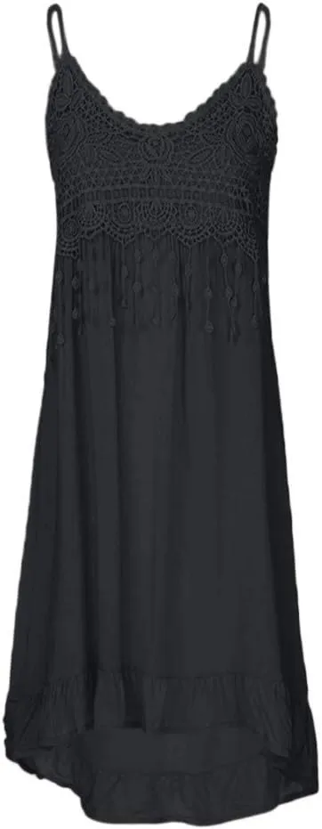 Women Lace Patchwork Boho Midi Dress Summer Ruffle Spaghetti Strap Cami Dresses Flowy Swing Sundress 2025 Plus Size