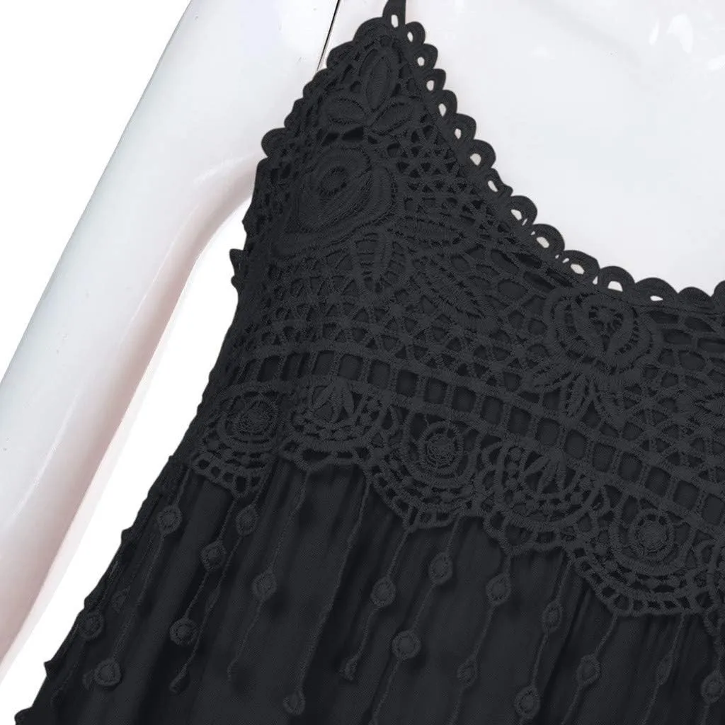Women Lace Patchwork Boho Midi Dress Summer Ruffle Spaghetti Strap Cami Dresses Flowy Swing Sundress 2025 Plus Size