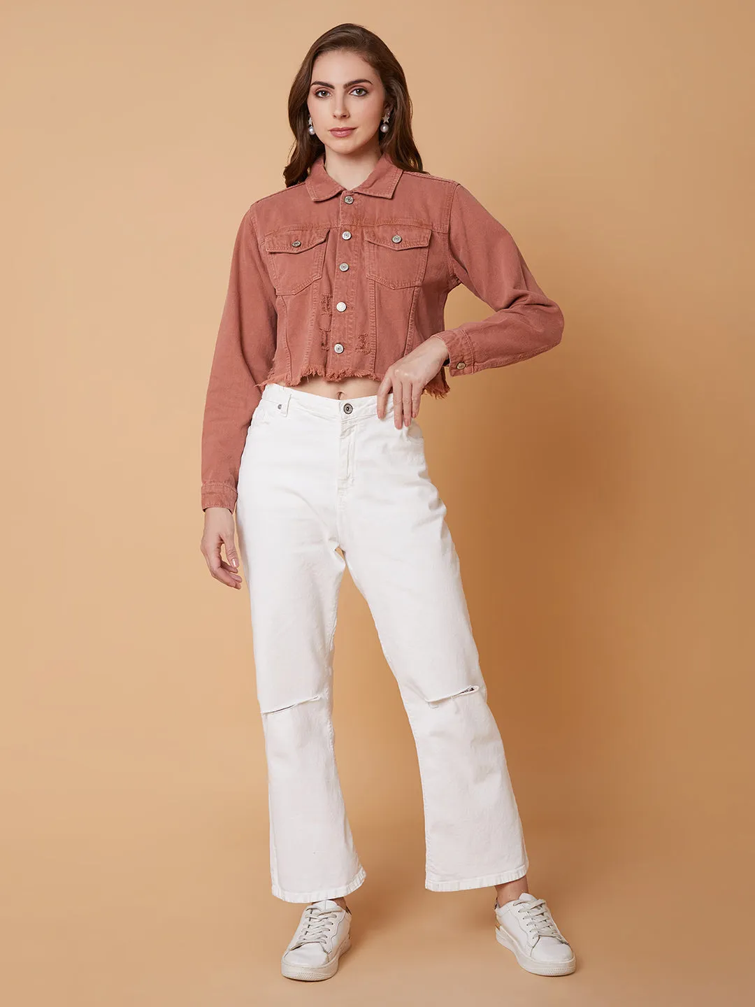 Women Peach Denim Jacket