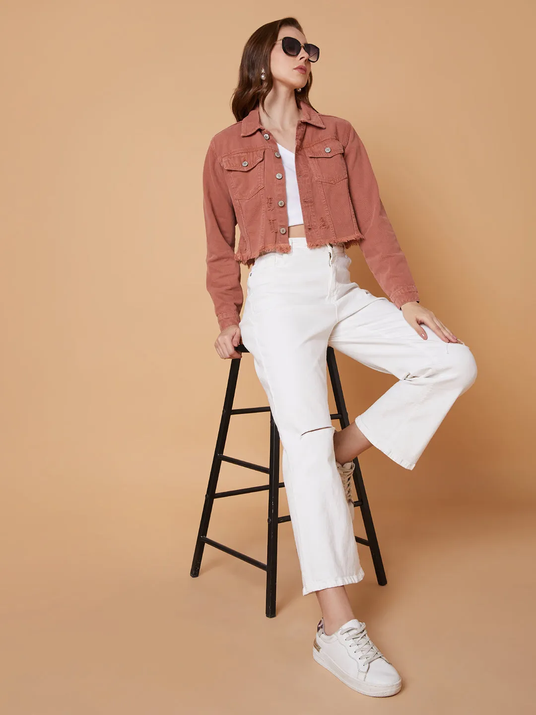 Women Peach Denim Jacket