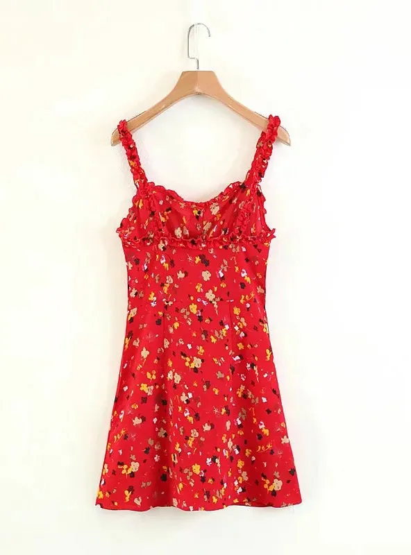 Women Red Floral Printed Sling Dress Sexy Sleeveless Mini Dress