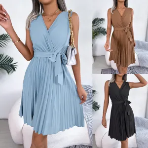 Women's Elegant Cross Sleeveless Cinched Pleated Dress Dresses