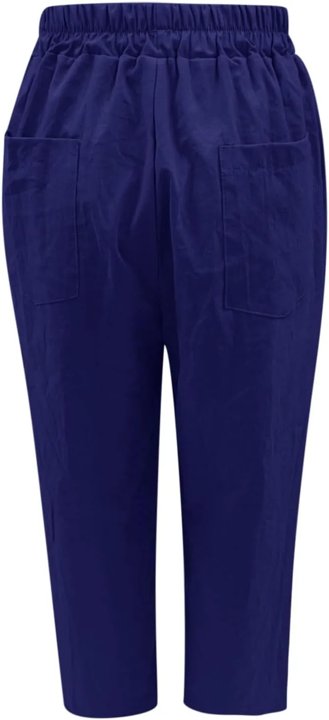 Womens Linen Cotton Pants Elastic High Waist Summer Slim Straight Leg Comfy Pants Casual Solid Color Trousers with Pockets