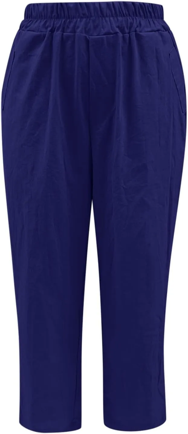 Womens Linen Cotton Pants Elastic High Waist Summer Slim Straight Leg Comfy Pants Casual Solid Color Trousers with Pockets
