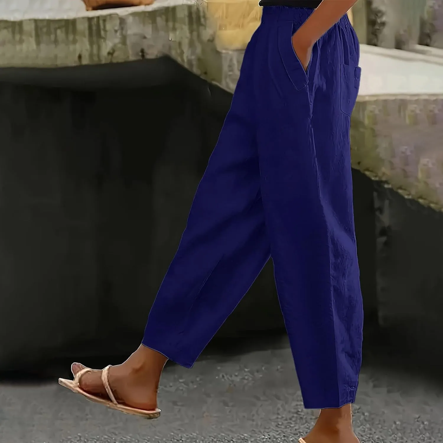 Womens Linen Cotton Pants Elastic High Waist Summer Slim Straight Leg Comfy Pants Casual Solid Color Trousers with Pockets