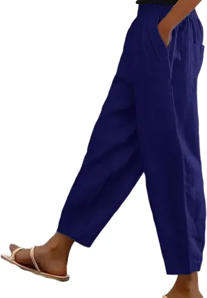 Womens Linen Cotton Pants Elastic High Waist Summer Slim Straight Leg Comfy Pants Casual Solid Color Trousers with Pockets