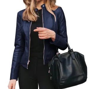 Women's Navy Blue Retro Moto Rider Sheepskin Real Leather Jacket