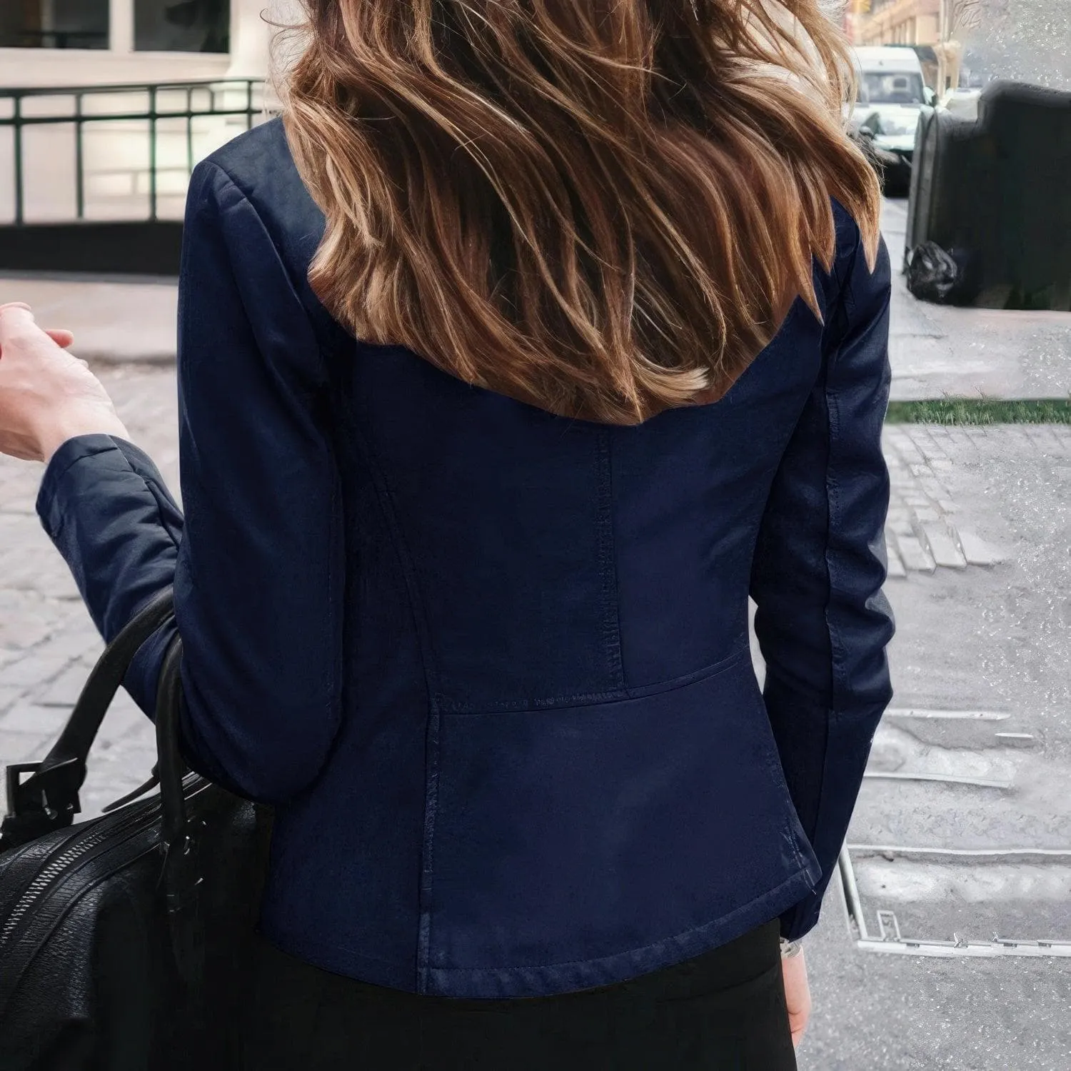Women's Navy Blue Retro Moto Rider Sheepskin Real Leather Jacket