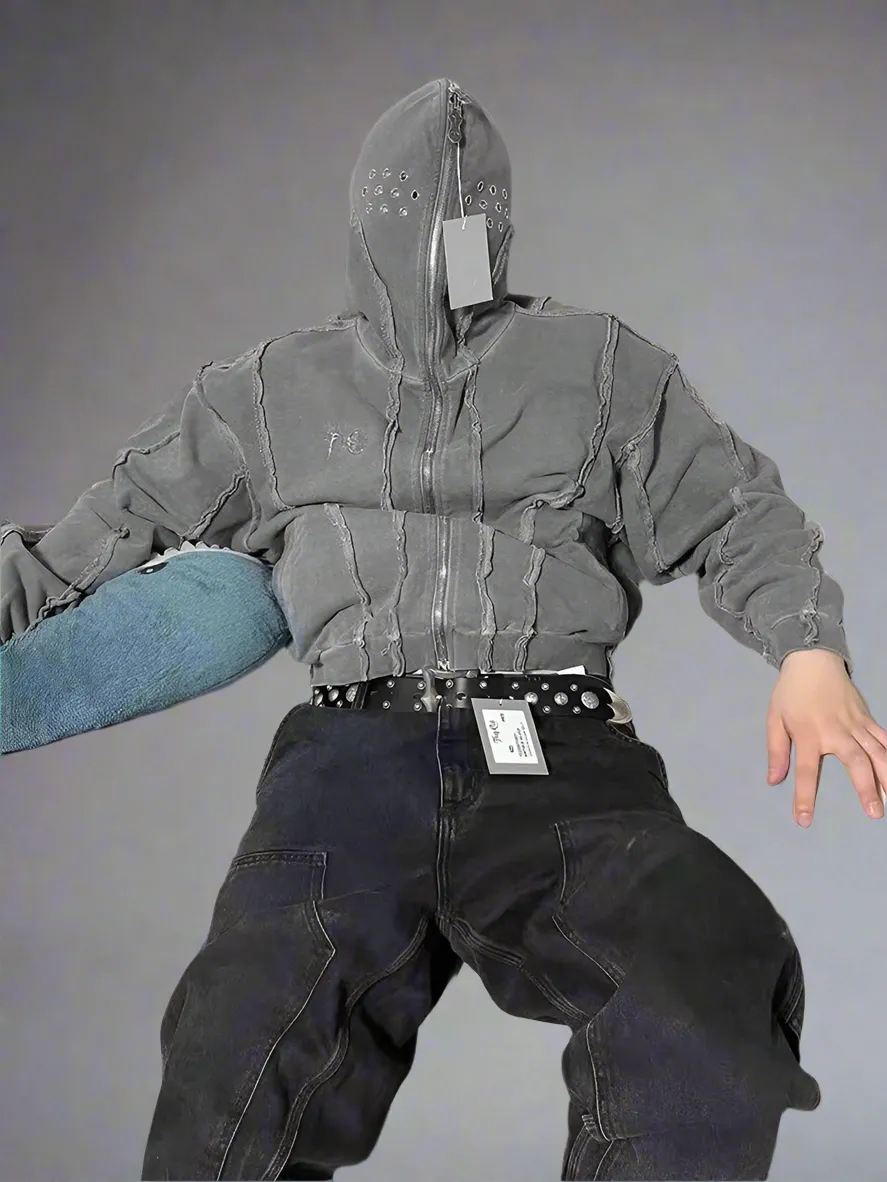 Y2K THUG CLUB VIBE | Wash Wax Dyed Zipper Shark Masked Hoodie