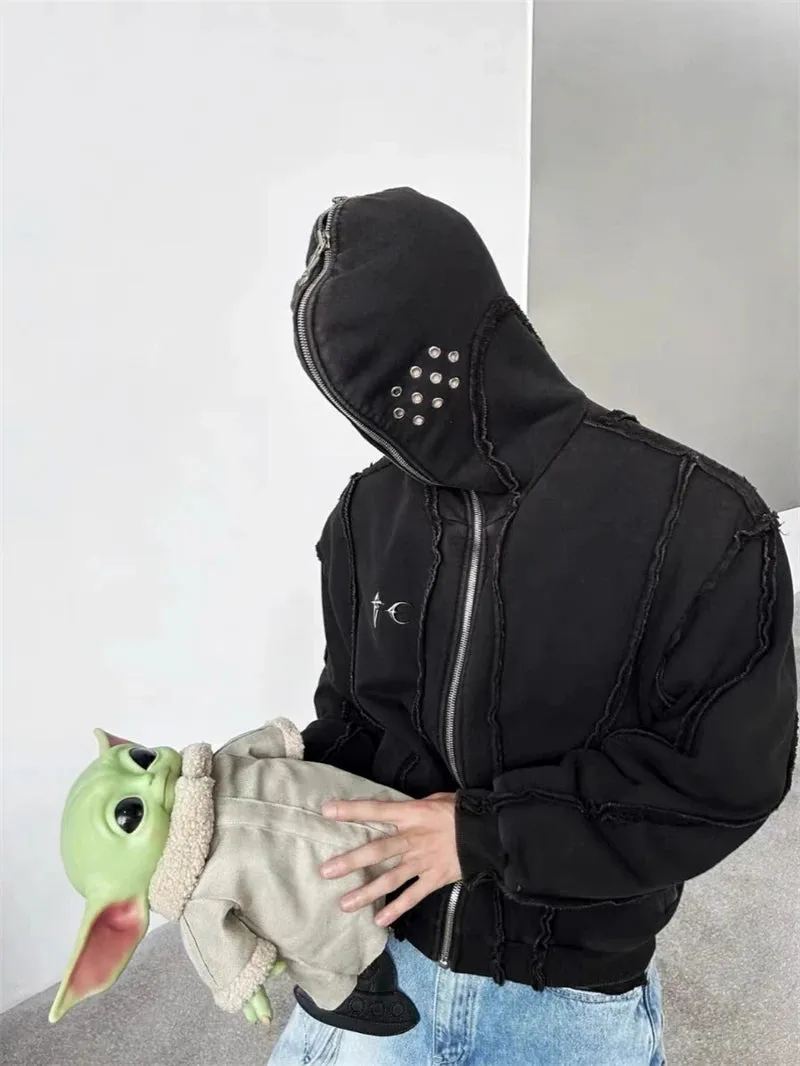 Y2K THUG CLUB VIBE | Wash Wax Dyed Zipper Shark Masked Hoodie