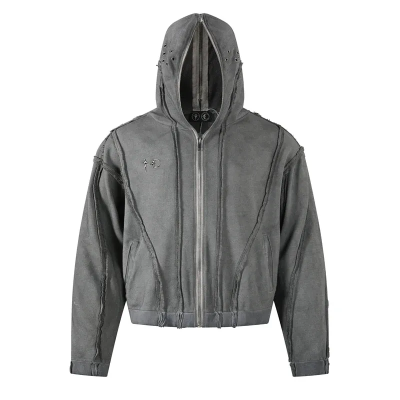 Y2K THUG CLUB VIBE | Wash Wax Dyed Zipper Shark Masked Hoodie