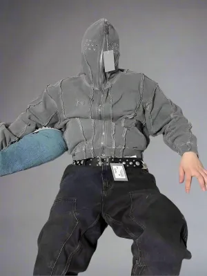 Y2K THUG CLUB VIBE | Wash Wax Dyed Zipper Shark Masked Hoodie