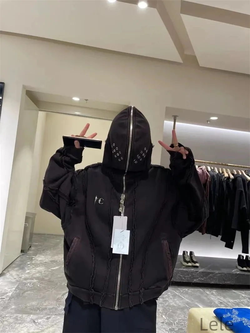 Y2K THUG CLUB VIBE | Wash Wax Dyed Zipper Shark Masked Hoodie