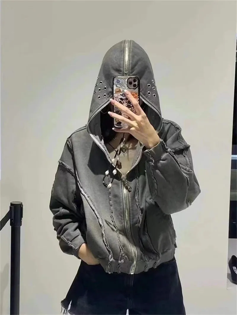 Y2K THUG CLUB VIBE | Wash Wax Dyed Zipper Shark Masked Hoodie