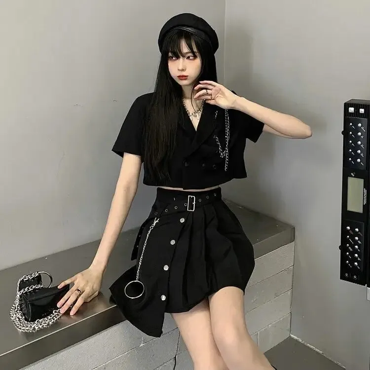 Yangelo Black Lapel Short Suit Jacket Female Punk Summer Crop