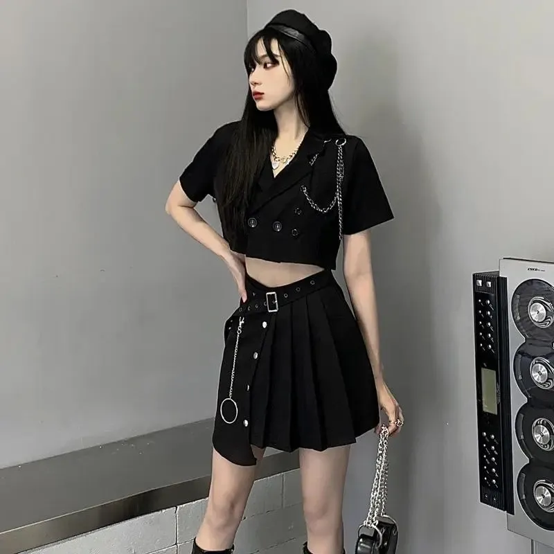 Yangelo Black Lapel Short Suit Jacket Female Punk Summer Crop