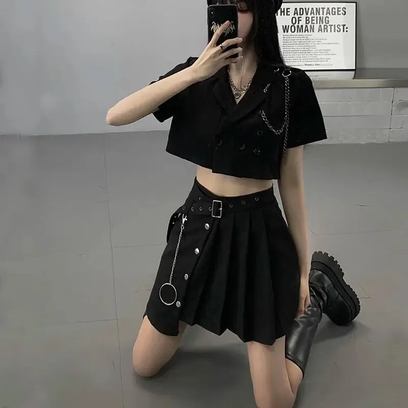 Yangelo Black Lapel Short Suit Jacket Female Punk Summer Crop