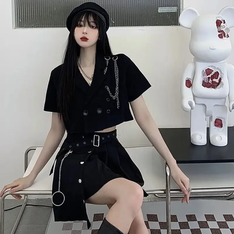 Yangelo Black Lapel Short Suit Jacket Female Punk Summer Crop