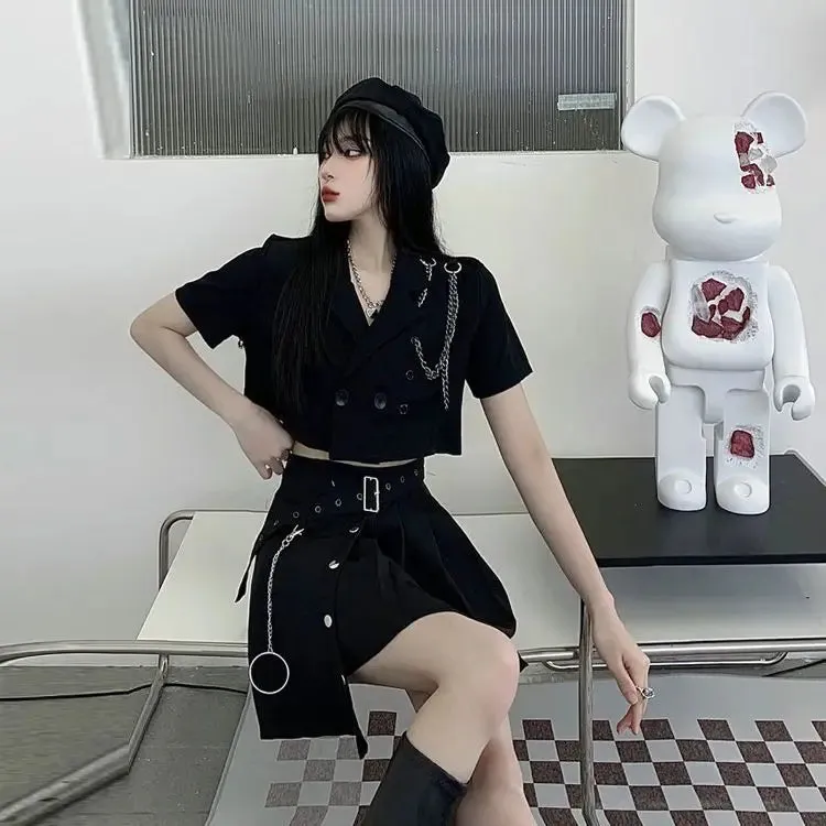 Yangelo Black Lapel Short Suit Jacket Female Punk Summer Crop