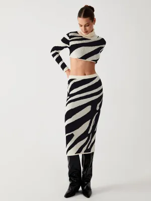 Zebra Print Mock Neck Crop Classic Top Two Piece Skirt Set